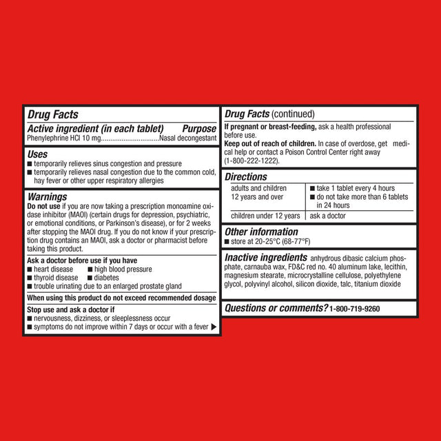 Equate Maximum Strength Nasal Decongestant PE, Phenylephrine Hcl, 10 Mg Tablets, 24 Count