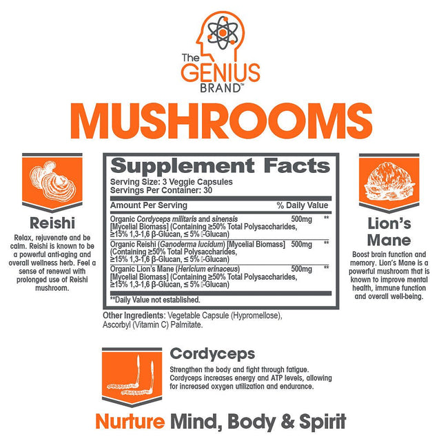 Mushroom Brain Supplement Nootropic with Lions Mane, Reishi, Codyceps for Energy & Focus, Genius Mushrooms by the Genius Brand