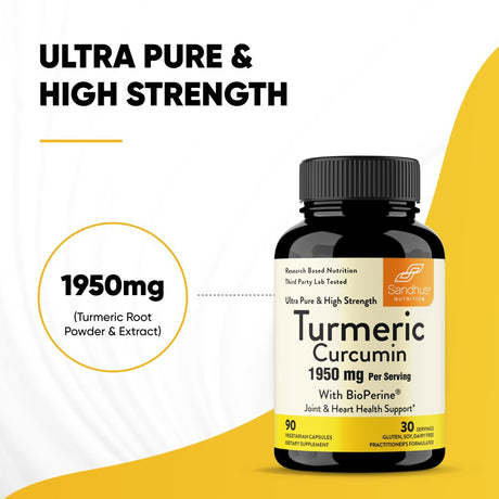 Sandhu’S Turmeric Curcumin, Ultra-Pure, and High Strength Turmeric Supplement, Joint & Heart Health Support, 90Ct