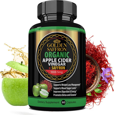 Golden Saffron 100% Organic Apple Cider Vinegar Pills 1800 Mg plus 88.8 Saffron Extract - 2 in 1 Supplement, Natural Digestion, Immune Booster Support & Cleansing Supplement with Probiotics