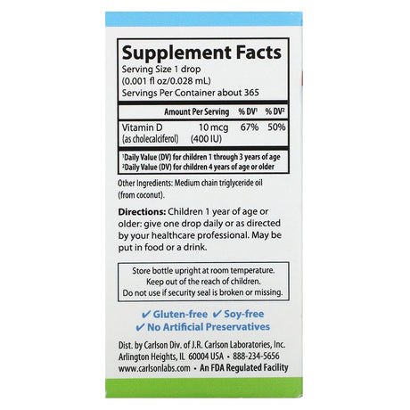 Carlson - Kid'S Super Daily D3, Vitamin D Drops, 400 IU (10 Mcg) per Drop, Vegetarian, Unflavored, 365 Drops