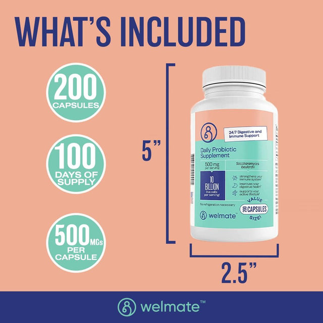 Welmate Daily Probiotic Supplement, Saccharomyces Boulardii 500 Mg, 10 Billion CFU, 200 Veg Capsules