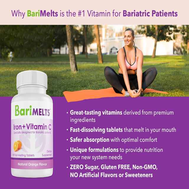 Barimelts Bariatric Iron with Vitamin C Supports Healthy Iron Levels, 90 Fast-Dissolving Tablets, Post Weight Loss Surgery Patients, Orange Flavored Dietary Supplements