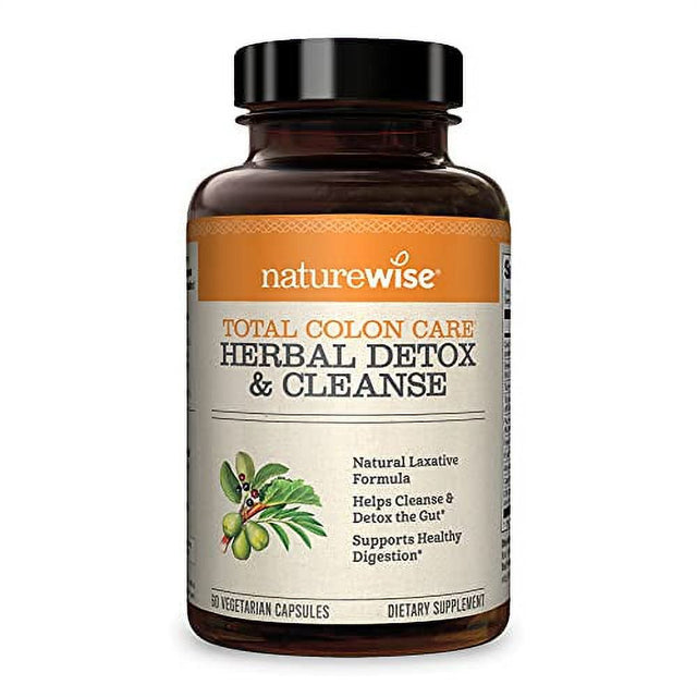 Naturewise Herbal Detox Cleanse Laxative Supplements | Natural Colon Cleanser Herb & Fiber Blend for Constipation Relief, Toxin Rid, Gut Health, & Weight Loss Support [1 Month Supply - 60 Capsules]