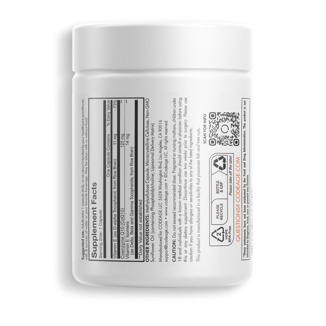 Codeage Liposomal Coq10, Vitamin E Tocopherols & 125 Mg Coenzyme Q10, Cardiovascular Support, 60 Ct