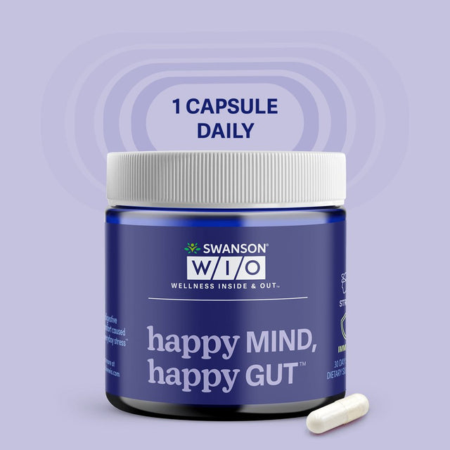 Swanson WIO™ Happy MIND, Happy GUT™ Stress Support, Digestive Support, Probiotics Promote Gut Microflora, Better Mood, Cognitive Health, Mental Wellness, 30 Veggie Capsules (30-Day Supply)