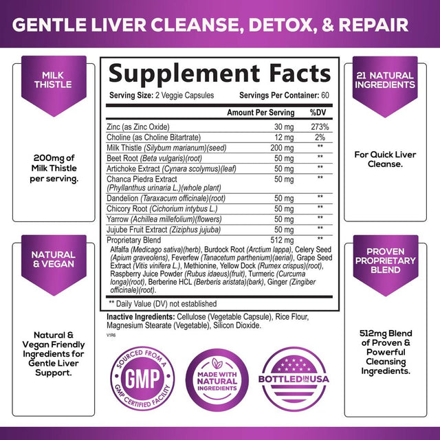 Gentle Liver Cleanse Detox & Repair Formula - Herbal Liver Support Supplement: Milk Thistle with Silymarin, Artichoke Extract, Dandelion, Beet, Chicory Root, & Turmeric for Liver Health - 120 Capsules