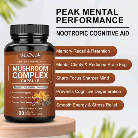 Mulittea Mushroom Complex Tablet(90Pills) - with Lion'S Mane Cordyceps，10 Mushroom Blend - for Immune Booster & Nootropic Brain Supplement