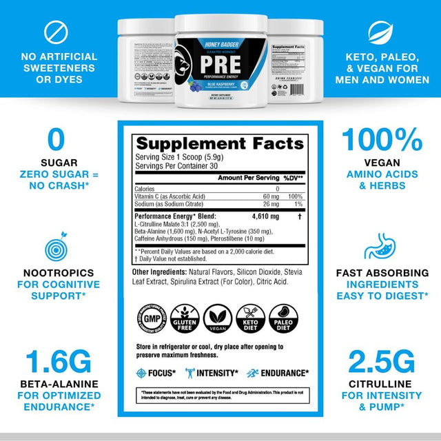 Honey Badger Pre Workout Powder, Keto Vegan Preworkout for Men & Women with Vitamin C for Immune Support, Beta Alanine & Caffeine, Sugar Free Natural Energy Supplement, Blue Raspberry, 30 Servings