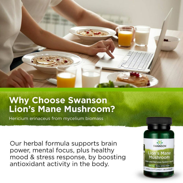 Swanson Herbal Supplement Lion'S Mane Mushroom 500 Mg - 60 Capsule, Multicolor