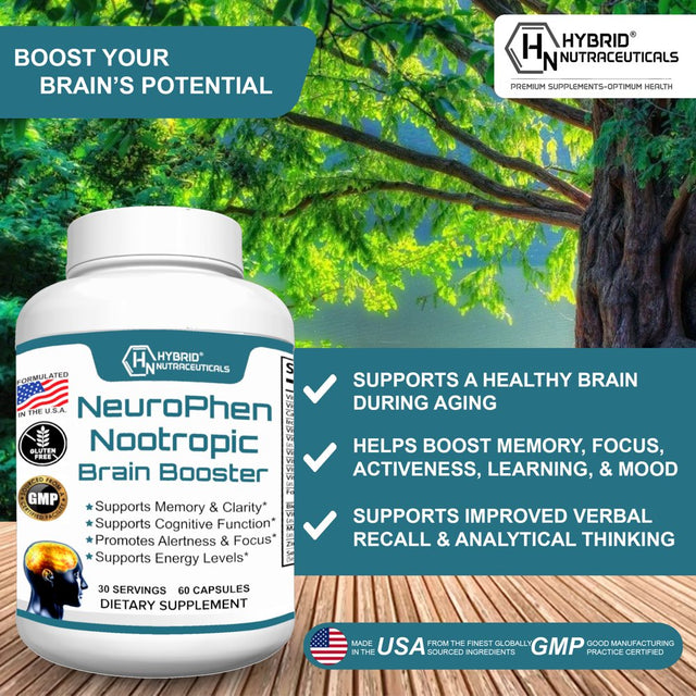 Neurophen Nootropic Brain Booster Supplement - Enhanced Brain Focus, Mental Clarity, Concentration & Memory Support with Bacopa Extract, Phosphatidylserine, Huperzine a - 60 Capsules