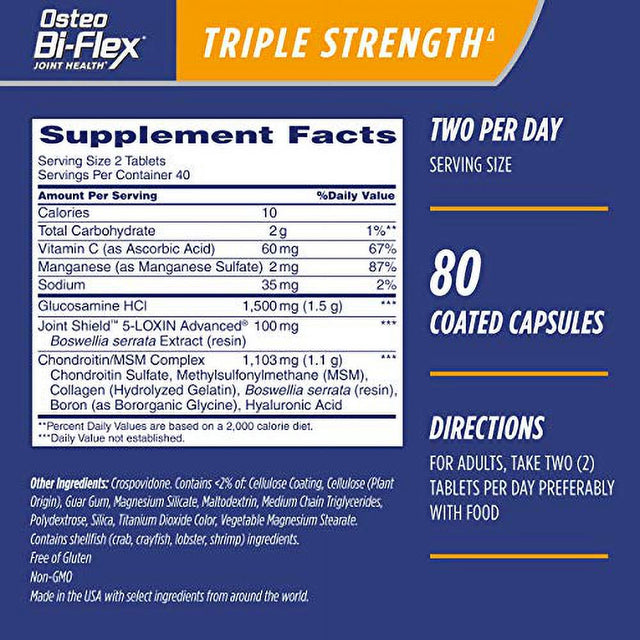 Osteo Bi-Flex Triple Strength(5), Glucosamine Chondroitin with Vitamin C Joint Health Supplement, Coated Tablets, 80 Count (Pack of 1)