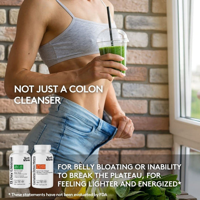 Youth & Tonic Colon Cleanser & Detox for Loss of Waste, Breaking the Plateau, Bloating. 60 Pills for Cleanse with Senna Leaf, Apple Cider Vinegar, Glucomannan and More