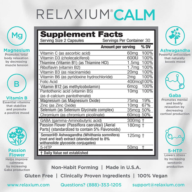 Relaxium - Calm Non-Habit Forming All Natural Stress Relief Supplement 60 CP - Pack of 1