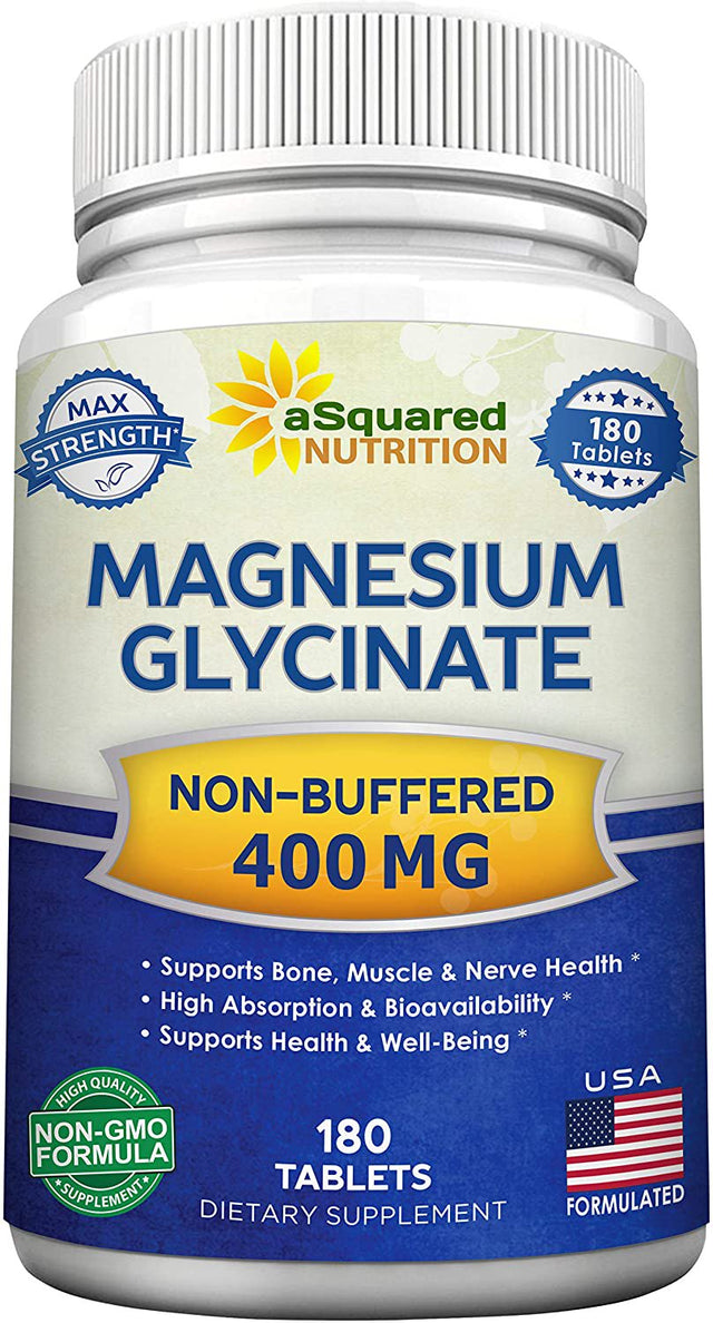 Magnesium Glycinate 400Mg - 180 Tablets - Max Strength Magnesium Bisglycinate Chelate Supplement - Maximum Bioavailability & Absorption - Non-Gmo - Supports Muscles, Bones & Heart