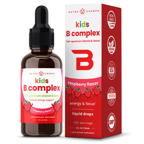 Nutrachamps Vitamin B Complex for Kids | B1, B2, B3, B6, B7, B9 & Methyl B12 | Kids B Complex Liquid Drops Supplement | Energy, Focus, Metabolism | Vegan & Non-Gmo | Natural Berry | 120 Servings