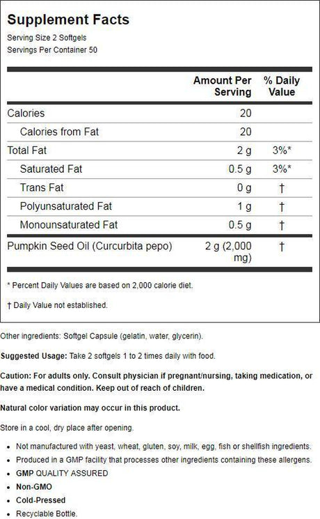 NOW Supplements, Pumpkin Seed Oil 1000 Mg with Essential Fatty Acids and Phytosterols, Cold Pressed, 100 Softgels