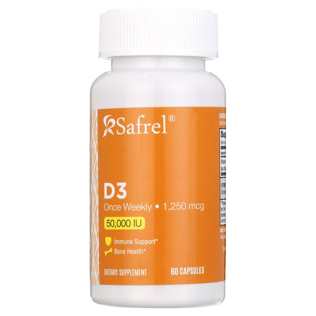 Safrel Vitamin D3 50,000 IU (As Cholecalciferol), Once Weekly Dose, 1250 Mcg, 60 Veggie Capsules for Bones, Teeth, and Immune Support