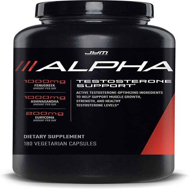 Alpha JYM Testosterone Support , Male Vitality, Hormone Optimization, Ashwagandha, Fenugreek, Eurycoma, Damiana, Quercetin, DIM , JYM Supplemental Science , 180 Vegetarian Capsules