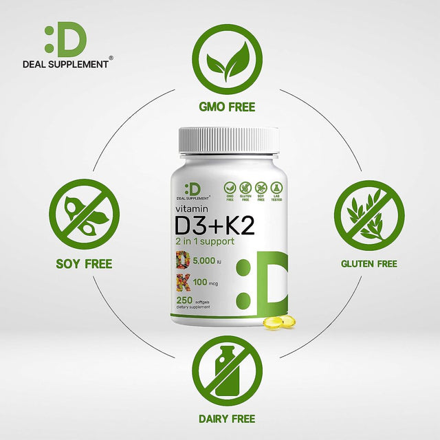 Vitamin D3 K2 Softgel, 180 Counts, 2-1 Complex, Vitamin D3 5000 IU & Vitamin K2 MK7 MK4, Promotes Heart, Bone & Teeth Health - Very Easy to Swallow