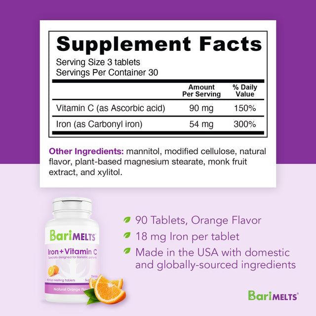 Barimelts Bariatric Iron with Vitamin C Supports Healthy Iron Levels, 90 Fast-Dissolving Tablets, Post Weight Loss Surgery Patients, Orange Flavored Dietary Supplements