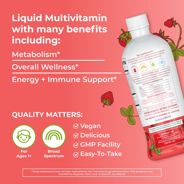 Maryruth Organics | Morning Liquid Multivitamin Supplement for Adults & Kids | Daily Vitamins for Immune Support | Strawberry | No Added Sugar | 32 Fl Oz/946Ml