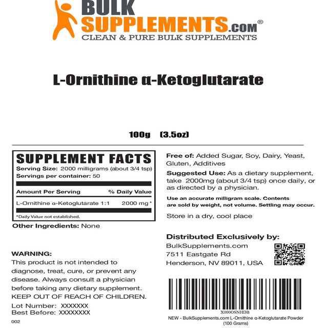 Bulksupplements.Com L-Ornithine A-Ketoglutarate (OKG) Powder 2000Mg - Nitric Oxide Supplement (100 Grams)