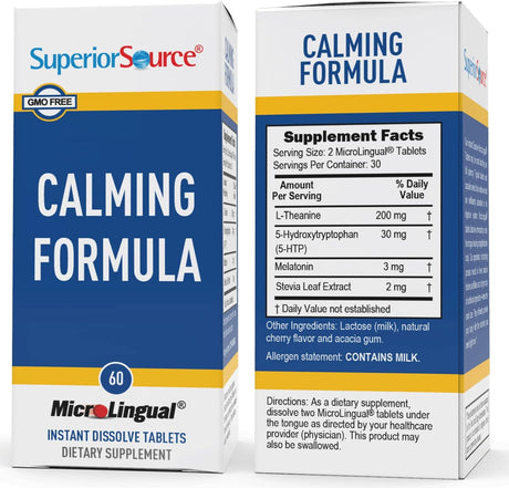 Superior Source Calming Formula, L-Theanine, Melatonin, under the Tongue Quick Dissolve Microlingual Tablets, 60 Ct, 5-HTP for Enhanced Serotonin Conversion, Positive Mood and Sleep Support, Non-Gmo