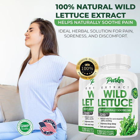 Parker Naturals Wild Lettuce Capsules 1200Mg 120Ct Natural Relief for Sore Muscles, Joints, and Swelling. Improved Sleep, Vegetarian, Made in the USA