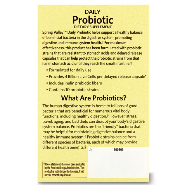 Spring Valley Daily Probiotic Supplement Delayed Release Capsules, Digestive Concerns, 30 Count