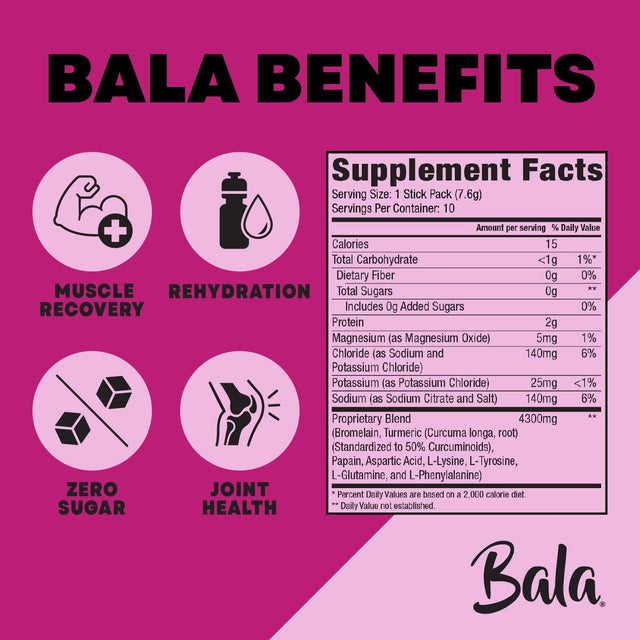 BALA Hydration Turmeric Drink Mix Packet, Sugar Free Electrolyte Powder, Muscle Recovery, Immune Support, Joint Relief, Plant-Based Enzymes, Bromelain, Papain, Curcumin -Berry (10 Pack)