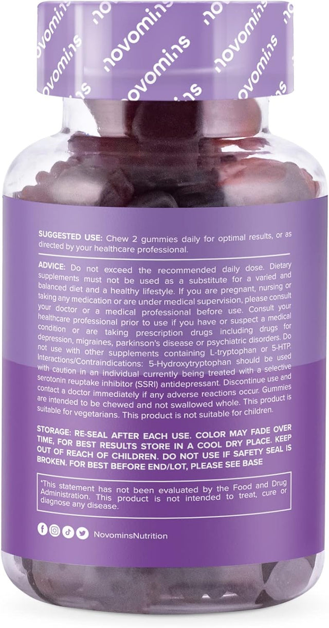 5HTP Gummies – 100Mg - Promotes Calm Relaxed Mood – 1 Month Supply – High Strength Chewable Sleep Support 5-HTP Supplement – Magnesium – L-Theanine – B12 - Made by Novomins