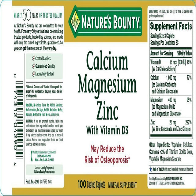 Nature'S Bounty Calcium-Magnesiuim-Zinc, 100 Caplets