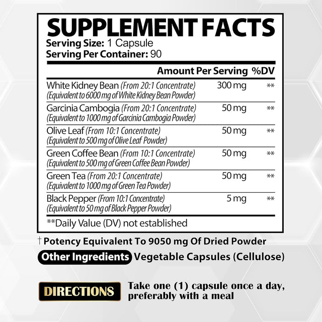 Pure White Kidney Bean Extract Capsules - 6 Herbal Ingredients 9050 Mg Equivalent - Support Carb Management, Starch Blocking with Coffee Bean & Green Tea - 90 Vegan Capsules for 3 Months