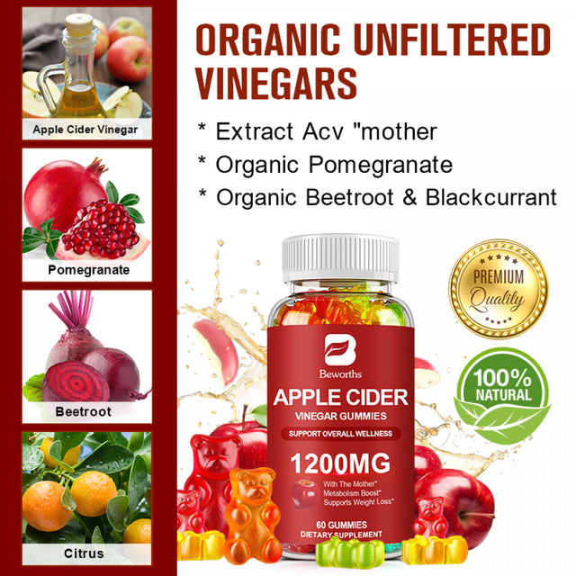 Apple Cider Vinegar ACV Gummies - Gut Health & Natural Energy Supplement with Vitamin - Apple Cider Vinegar with Mother Body Cleanse Detox for Women & Men 60 Servings