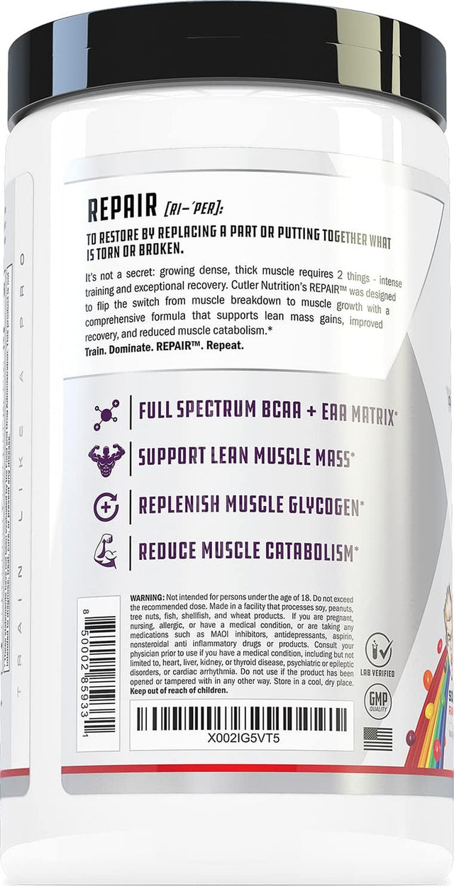 Repair Post Workout Recovery Drink: Fast Absorbing Carbohydrates (Waxy Maize + Cluster Dextrin) and BCAA/EAA for Advanced Muscle Recovery, Sour Rainbow Candy, 20 Servings