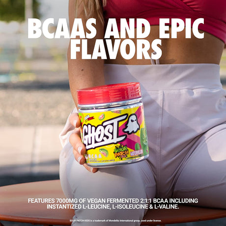 GHOST BCAA Powder Amino Acids Supplement, Sour Patch Kids Redberry - 30 Servings - Sugar-Free Intra, Post & Pre Workout Amino Powder & Recovery Drink, 7G BCAA Supports Muscle Growth