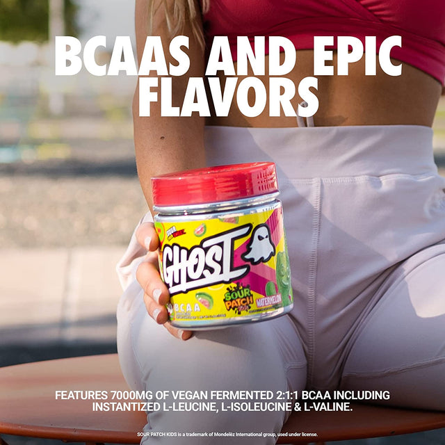 GHOST BCAA Powder Amino Acids Supplement, Sour Patch Kids Redberry - 30 Servings - Sugar-Free Intra, Post & Pre Workout Amino Powder & Recovery Drink, 7G BCAA Supports Muscle Growth