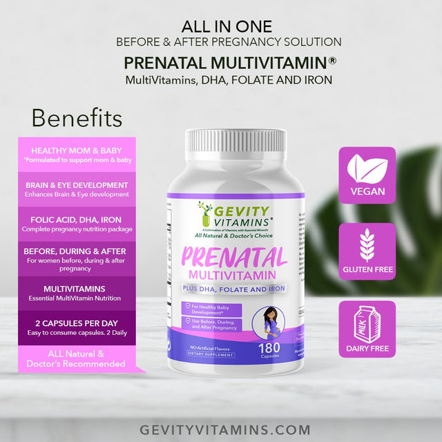 Gevity Vitamins Prenatal Multivitamin with DHA, Folate, and Iron for Women-180 Capsules