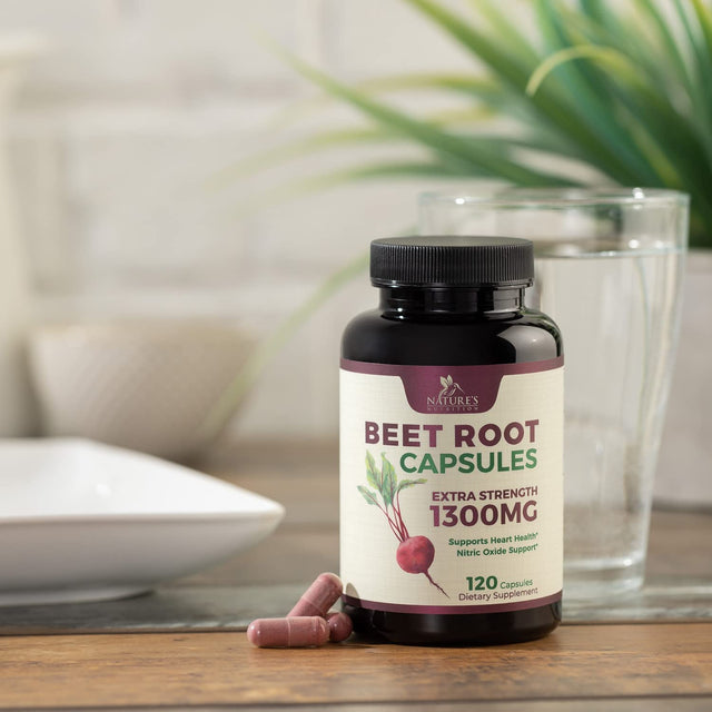 Beet Root Capsules - 1300Mg Extra Strength, Natural Beetroot Powder Extract - Nitric Oxide Supports Heart Health, Endurance & Energy - Vegan Herbal Extract Supplement - Nongmo - 120 Capsules