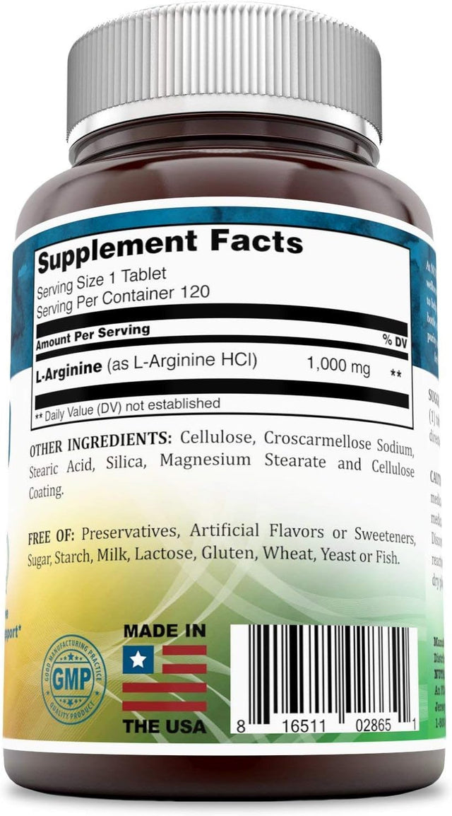 L-Arginine 1000 Mg 120 Tablets Dietary Supplement - Supports Cardiovascular Health - Supports Immune System Functions - Promotes Blood Circulation