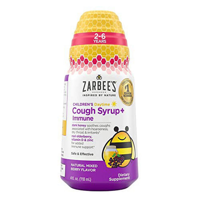 Zarbee'S?S Kids Cough + Immune Daytime for Children 2-6 with Dark Honey, Vitamin D & Zinc, 1 Pediatrician Recommended, Drug & Alcohol-Free, Mixed Berry Flavor, 4FL Oz