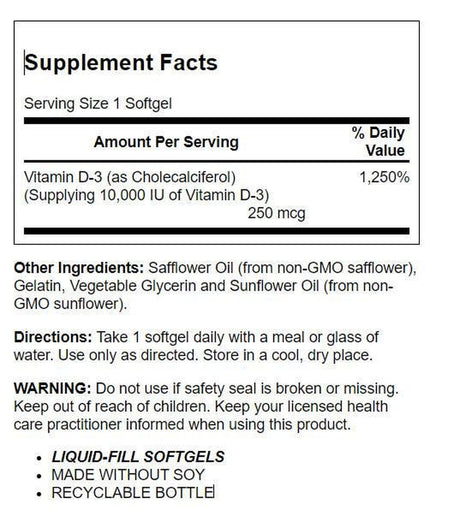 KAL Ultra Vitamin D-3 10000 IU | Liquid-Fill Activgels | Healthy Immune Function & Bone Support | No Soy | 90 Softgels