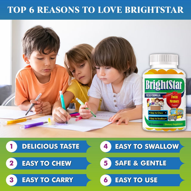 Brightstar Brain Focus Vitamins for Kids & Teens, Brain Support Gummy Vitamins, Focus Boost Gummies Kids Vitamin Gummies, Omega 3 for Kids, Brain Booster Supplement- 60Ct