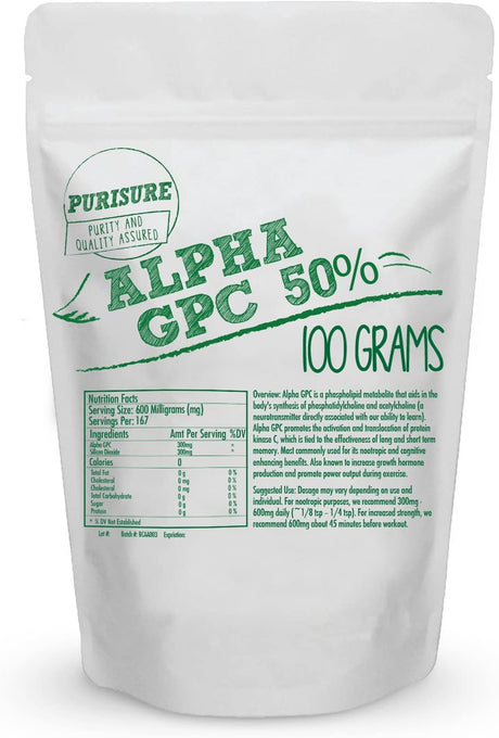 Purisure Alpha GPC 50% Choline Powder, Mood Support & Brain Focus, 167 Servings