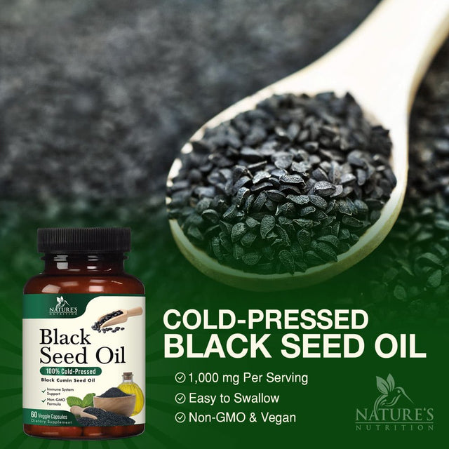 Black Seed Oil Capsules 1000Mg - Vegan Cold-Pressed Nigella Sativa Black Seed Oil, Nature'S Pure Black Cumin Seed Oil for Immune, Hair and Brain Support, Non-Gmo - 60 Capsules