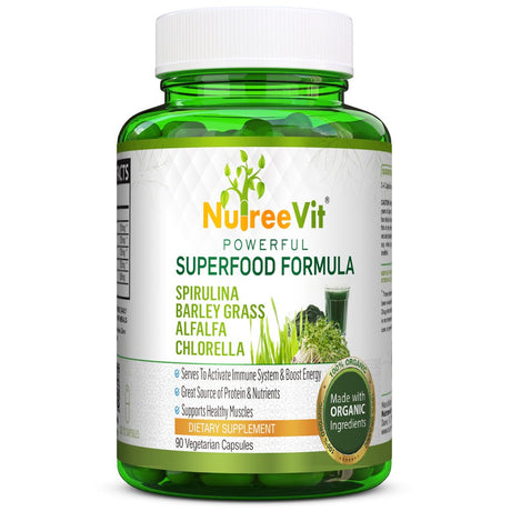 PURE ORGANIC Spirulina + Barley Grass + Alfalfa + Chlorella CAPSULES (90 Capsules)