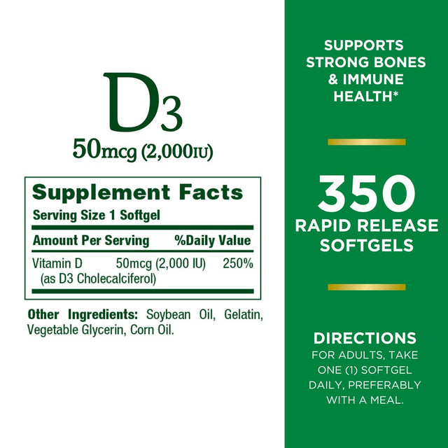 Nature’S Bounty Vitamin D3 2000 IU Softgels for Bone & Immune Support, 350 Ct