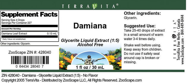 Terravita Damiana - Glycerite Liquid Extract (1:5) - No Flavor, (1 Fl Oz, 1-Pack, Zin: 428040)