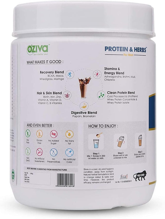 Oziva Protein & Herbs for Men, Chocolate, 16 Servings, 500 G